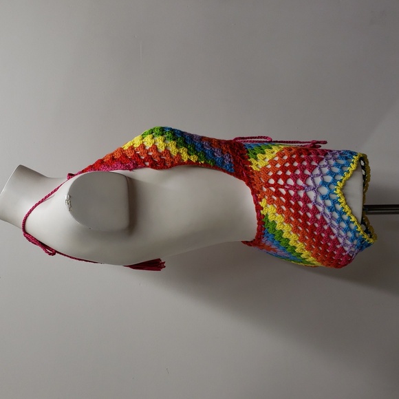 Color Block Open Knit Tassel Tie Backless Knot Waist Cami Romper Women's Size 6 - Picture 5 of 13